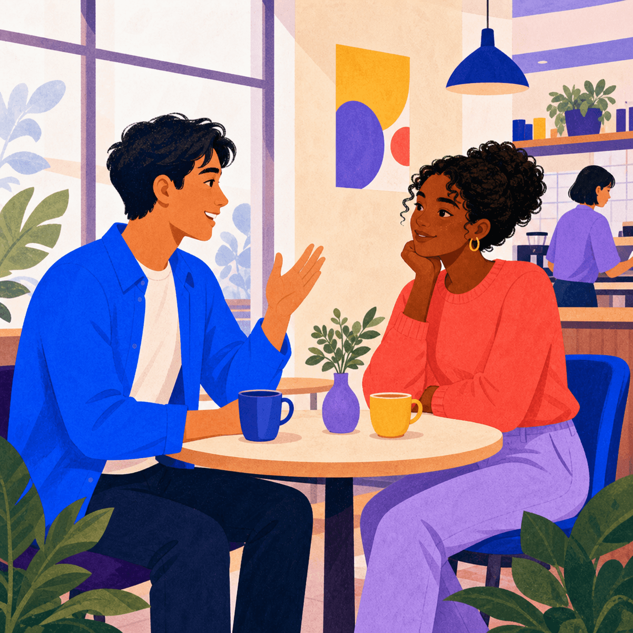 Two people having an easy conversation at a cafe